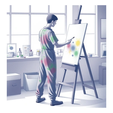 An artist is standing in a bright studio, focused on a large canvas. The artist is wearing a paint-splattered jumpsuit that shows various colors of paint, indicating their creative work. The canvas is positioned on an easel, and the artist is holding a paintbrush in one hand, with a palette in the other hand that features additional paint colors. The studio is filled with various art supplies, including brushes, tubes of paint, and sketchbooks scattered around. Natural light pours in through large windows, illuminating the workspace.