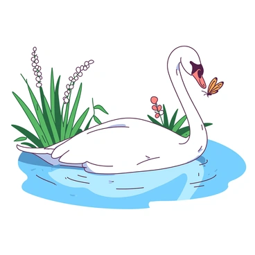 A white gentle swan gliding gracefully across a tranquil pond. The swan's long neck is elegantly curved as a small orange butterfly lands softly on its beak. The water is still, reflecting the swan and the butterfly, creating a serene and peaceful scene. Surrounding the pond are lush green reeds and delicate flowers, adding vibrancy to the natural setting.
