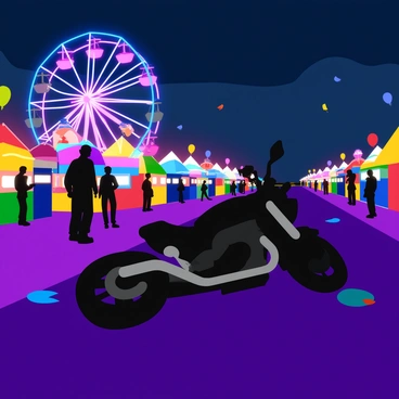 A motorcycle lying on its side, with a twisted frame and scattered pieces around it. Colorful lights from a nighttime carnival cast vibrant hues over the scene, illuminating the motorcycle and the ground. Nearby, a Ferris wheel spins in the background, with bright lights flashing in various colors. A few attendees can be seen silhouetted against the carnival lights, glancing toward the accident. Balloons and streamers from the carnival float gently in the night breeze, creating a stark contrast to the serious nature of the motorcycle accident.