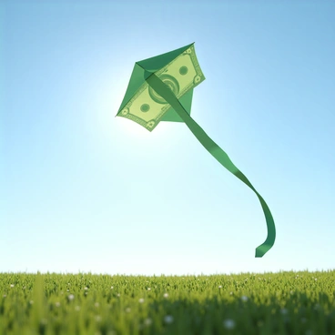 A kite in the shape of a dollar bill, featuring intricate designs and green hues, is soaring high against a clear blue sky. The sun is shining brightly, casting a warm glow on a vast field below, which is filled with lush green grass and small wildflowers. A gentle breeze is causing the kite to flutter gracefully, and its long tail is trailing behind, adding motion to the scene. The overall atmosphere conveys a sense of freedom and joy.