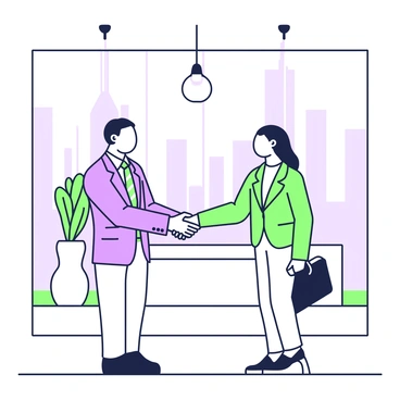 Two businesspeople are standing in a modern office lobby, engaged in a handshake to seal a deal. On the left, a man in a tailored suit with a striped tie is smiling confidently. On the right, a woman in a professional blazer is returning the gesture with a firm grip. They are positioned in front of a large glass window that showcases a city skyline. A sleek reception desk is visible in the background, adorned with a potted plant. Elegant lighting fixtures hang above, illuminating the scene.