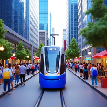 A sleek electric tram with a modern design gliding smoothly along a bustling metropolitan street. The tram's exterior is a glossy blue with silver accents, reflecting the vibrant city lights. Surrounding the tram, tall, glass skyscrapers tower over the street, their windows mirroring the action below. Crowds of diverse pedestrians fill the sidewalks, some waiting at the tram stop and others moving swiftly to their destinations. Colorful street signs and advertisements line the streets, adding to the lively urban atmosphere. A few trees and outdoor cafes can be seen, providing a touch of green amidst the concrete landscape.