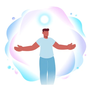 A person stands at the center of the image, surrounded by swirling gradients of pastel colors that blend into one another. The individual is positioned upright, with their arms slightly outstretched as if embracing the vibrant colors around them. The pineal gland is depicted above the top of the individual's head, radiating a soft glow that serves as the source of their inner light. The glowing area contrasts with the surrounding colors, illuminating the space around it. The background is filled with continuous waves of color that create a sense of movement and depth.
