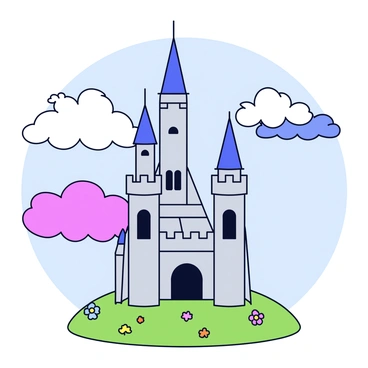 A tall enchanted castle with turrets and spires rising prominently. The castle's stones are a mix of gray and silver, and it has large arched windows. A light mantle of fluffy white clouds is surrounding the base of the castle. The sky above features various shades of blue and soft pink, suggesting a magical atmosphere. The castle sits on a green hill dotted with colorful flowers.