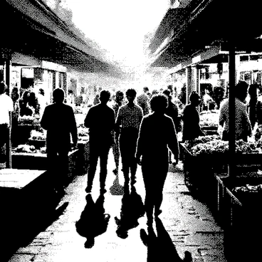 A bustling market scene is set at twilight. Stalls are filled with various goods, showcasing fresh produce and handmade crafts. Shadowy figures of people are moving around, engaged in conversations and transactions. Some are animatedly gesturing, while others are examining items on display. The fading light creates elongated shadows, adding to the dynamic atmosphere of the market. Various shapes and forms of the figures blend into the market’s lively environment, suggesting the hustle and bustle of daily life.