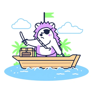 A brave hedgehog is dressed as a pirate, complete with a small pirate hat perched atop its head and an eye patch over one eye. The hedgehog stands confidently on the deck of a miniature ship, which is crafted from wood and adorned with a small green flag that flutters in the wind. The ship is gently sailing on calm waters, with a few waves lapping against the sides. In the background, there are small islands with palm trees and a clear sky. The hedgehog holds a tiny sword in one paw, ready for adventure, while a treasure chest sits on the deck beside it.