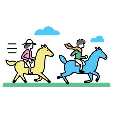 Two chocobos, one yellow and one blue, are racing across a vibrant green grassy plain. The yellow chocobo has a tall, feathery crest and sturdy legs, while the blue chocobo has a sleek body and bright plumage. Each chocobo carries a rider, with the rider on the yellow chocobo wearing a red and white outfit, complete with a wide-brimmed hat. The rider on the blue chocobo is dressed in a green and orange ensemble, featuring a colorful scarf fluttering in the wind. The background features a clear blue sky and a few fluffy white clouds overhead.