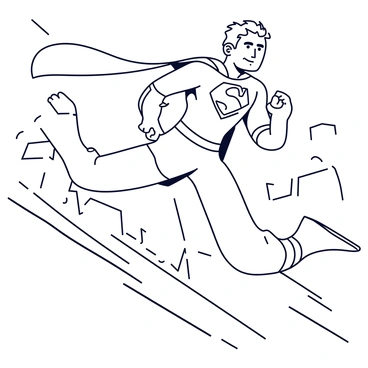 A black and white comic strip panel featuring a superhero in a dynamic pose, leaping into action. The superhero wears a tight-fitting costume with a bold emblem on the chest and a flowing cape billowing behind. Their face is determined, with a strong jawline and focused eyes. The background includes a city skyline with tall buildings, emphasizing the height of the leap. Motion lines are drawn around the superhero to illustrate movement and speed.