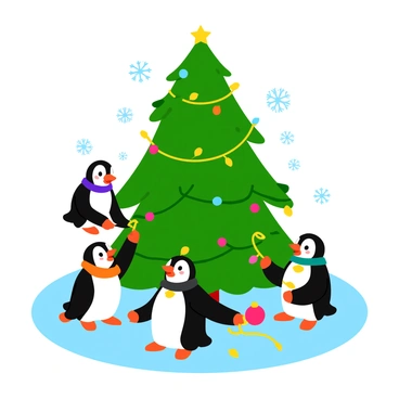 A group of cartoon penguins gathering around a large Christmas tree adorned with colorful lights and shiny ornaments. The tree is lush and green, standing tall in the center of a snowy landscape. One penguin is perched on a branch, carefully placing a bright red ornament, while another is untangling strings of multicolored lights. A third penguin is holding a star ornament, looking up at the top of the tree, excited to place it. Snowflakes gently fall from the sky, creating a festive atmosphere. Each penguin has a cheerful expression, wearing little scarves in various colors.