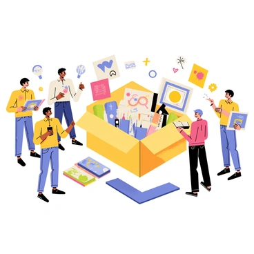 A group of artists gathered around a large illustration box, excitedly sharing their artworks and ideas.
