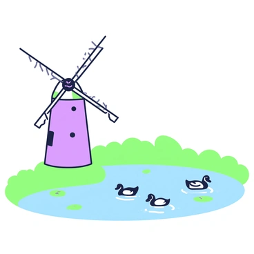 A windmill stands tall beside a tranquil pond. The windmill has long, angled blades that are turning gently in the breeze. Next to the windmill, there is lush grass that leads up to the water's edge. The pond is clear and still, reflecting the surrounding greenery. Several ducks are swimming peacefully across the surface of the pond, leaving small ripples in their wake. A few lily pads are scattered on the water, adding to the serene scenery.