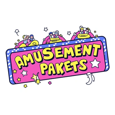 A playful amusement park ticket featuring colorful illustrations of roller coasters. The ticket has a vibrant background filled with shades of red, blue, and yellow. At the top of the ticket, there are detailed roller coaster illustrations with looping tracks and tiny cars filled with excited riders. The ticket also includes bold, stylized text that reads "Amusement Park Ticket" in a fun font, surrounded by decorative stars and confetti patterns.