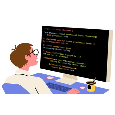 A character with short brown hair, wearing glasses, stares intently at a large computer screen. The screen is filled with colorful error messages in various fonts and sizes, glowing against the dark background. The character's eyebrows are raised, and their mouth is slightly open, conveying a sense of confusion. There are scattered notes and a coffee mug on the desk next to the computer, adding to the atmosphere of a busy workspace. The lighting is bright, highlighting the details on the screen and the character's expression.