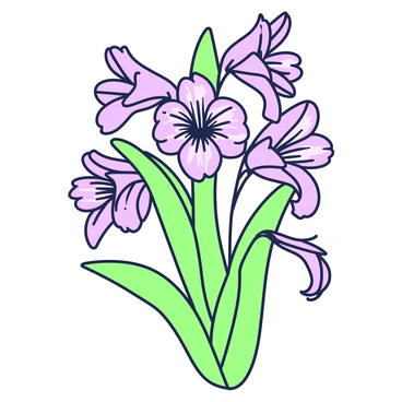 A cluster of gladiolus flowers is depicted in a detailed composition. Each flower is shown with distinct, elongated petals that curve gracefully. The flowers exhibit intricate patterns on their surfaces, enhancing their texture. Stems rise from the ground, with some leaves arching elegantly around the flowers. The arrangement presents a natural growth pattern, capturing the beauty and complexity of the gladiolus in full bloom.