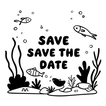 An underwater scene featuring various fish swimming gracefully among coral formations. The words "Save the Date" are prominently displayed in the center, surrounded by bubbles rising to the surface. Seaweed gently sways in the water, creating a sense of movement. Small details, such as starfish and seashells, can be seen on the seabed below.