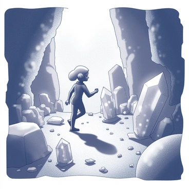 A figure resembling "Hera" is navigating through a cavern filled with numerous crystals emitting a soft glow. The cavern walls are rugged and uneven, formed by ancient stone. Various sizes and shapes of crystals protrude from the earth, some towering high while others are smaller and clustered together. Light reflections dance across the surface of the cavern, illuminating the scene with a mystical ambiance. The ground is uneven and scattered with small stones and debris, creating an adventurous path for exploration. "Hera" appears focused and intrigued, examining a particularly large crystal that stands prominently in front of her.