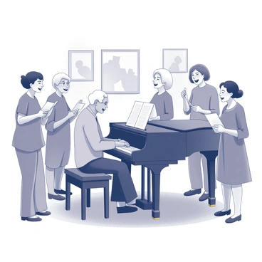 An elderly man sitting on a wooden piano bench, playing a grand piano with both hands. His face shows concentration and joy as he engages with the music. Around him, several individuals of varying ages are gathered, some standing and others seated, all singing along with smiles on their faces. A few of them hold songbooks or sheets of music. The care home setting features soft lighting, with comfortable chairs and indoor plants visible in the background. There are framed photographs on the walls, reflecting a homely atmosphere.