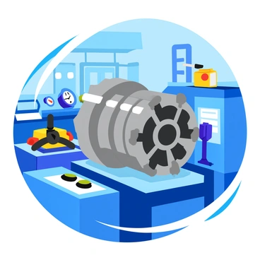 A shiny metal crankshaft is positioned on a sturdy machine in a high-precision factory. The crankshaft features intricate grooves and contours, reflecting the factory's bright overhead lights. Surrounding the crankshaft are various tools and gauges, indicating a meticulous workflow. The machine is equipped with detailed controls, and the background includes clean work surfaces and organized machinery, all emphasizing a professional manufacturing environment.