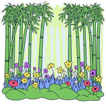 A dense bamboo forest with tall, slender green stalks reaching upwards. The bamboo leaves create a lush canopy overhead. Scattered among the bamboo are various colorful wildflowers, including bright yellow daisies, purple violets, and red poppies. Sunlight filters through the leaves, casting soft shadows on the forest floor, which is covered in rich green moss.