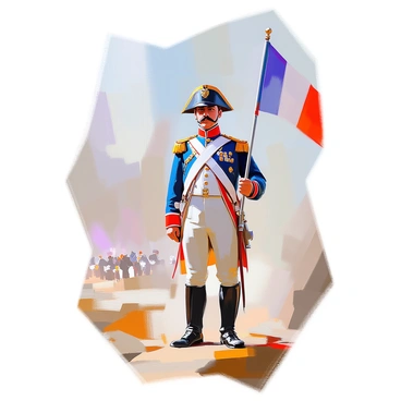A Napoleonic soldier stands with pride, holding the "French tricolor flag" firmly in his right hand. He is dressed in a classic military uniform featuring a blue jacket, white trousers, and a bicorne hat adorned with a cockade. The soldier's face displays determination, with a neatly groomed mustache and a look of resolve in his eyes. In the background, hints of a battlefield can be seen, with subdued colors depicting the landscape, further emphasizing the soldier's heroic stance and connection to his nation.