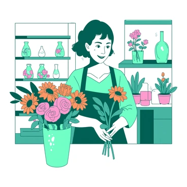 A teal florist with a warm smile is carefully arranging a bouquet of fresh flowers in a white shop filled with various types of blooms. The florist is holding a vibrant orange stem of sunflowers while placing it among delicate pink roses and lush green leaves. The counter is adorned with a variety of glass vases in different shapes, some filled with water and others waiting to be used. In the background, there are shelves lined with potted plants and colorful ribbons, creating a lively atmosphere in the shop.