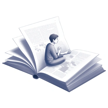 A person is seated in the center of a massive open book, which lies flat on the ground. The pages of the book are large, curling and swirling around the individual, creating a dynamic movement around them. The person's posture is relaxed, with their hands resting on the book's pages as they look thoughtfully at the text. The setting is immersive, with the swirling pages creating a sense of wonder and adventure surrounding the figure. The book displays intricate illustrations and detailed text across its pages.
