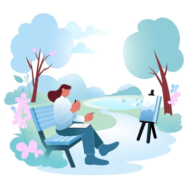 A person sitting on a bench in a tranquil park, surrounded by tall trees and blooming flowers. The person is holding a sketchbook on their lap, focused on drawing. Nearby, a small easel supports a canvas displaying a partially finished landscape. Sunlight filters through the leaves, casting playful shadows on the ground. A gentle breeze rustles the grass, adding to the peaceful atmosphere. In the background, a winding path leads to a pond with ducks swimming gracefully.