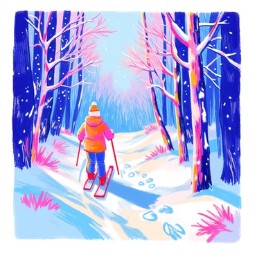 A person is snowshoeing along a narrow forest path. The individual is dressed warmly in a thick jacket and snow pants, with a bright-colored beanie on their head. Snow-covered tall trees line both sides of the path, their branches heavy with fresh snow. The ground is blanketed in a thick layer of snow, with the person leaving distinct footprints behind. Soft sunlight filters through the branches, casting gentle shadows on the white surface. Snowflakes occasionally drift down from above, adding to the peaceful winter scene.
