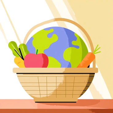 A globe of Earth designed as a basket, showcasing vibrant green continents and blue oceans. The basket is filled with an assortment of fresh fruits and vegetables, including red apples, yellow bananas, and orange carrots. Bright green leafy vegetables, like spinach and romaine, are peeking out from the top, adding freshness. The Earth basket is placed on a wooden table, highlighting the colorful produce. Sunlight casts gentle shadows, enhancing the vivid colors and textures of the fruits and vegetables inside the globe.