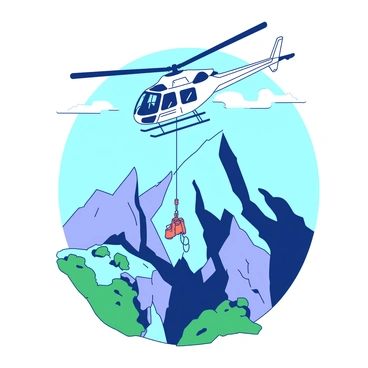 A white rescue helicopter is hovering above a rugged mountain peak, its rotor blades creating a visible downward airflow. Below the helicopter, a bright orange winch cable is extending down towards the rocky terrain. The winch is actively lowering a rescue worker, who is equipped with safety gear and is ready to assist anyone in need. Surrounding the mountain, there are patches of green vegetation and rocky outcrops, with a clear blue sky providing a contrasting backdrop.