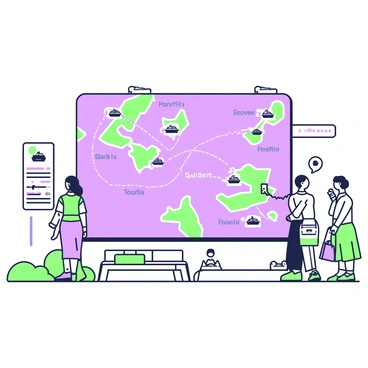 A large map of ferry routes is displayed prominently inside the terminal. The map features various lines connecting different coastal points, illustrating the ferry routes across the water. Icons representing ferries are scattered along the routes, with labels indicating the names of the destinations. The terminal interior is busy, with travelers looking at the map, checking schedules, and preparing to board their ferries. There are benches nearby where people are seated, and informational signs are visible in the background, providing additional details about the services.