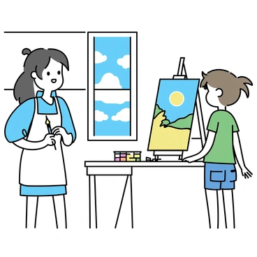 Kaede, a girl with long black hair tied in a ponytail, stands beside an easel in a bright art studio. She is wearing a white apron over a light blue dress. Next to her, Suzu, a girl with short brown hair, is wearing a green t-shirt and denim shorts. They are both focused on a large canvas displaying a colorful landscape. Paintbrushes and a palette filled with vibrant colors are placed on a nearby table. Sunlight streams through the large windows, illuminating the room and highlighting their concentrated expressions.