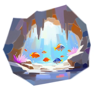 An underwater cave scene features multiple stalactites hanging from the ceiling, creating an intricate natural formation. Various colorful fish swim gracefully throughout the water, showcasing vibrant hues of orange, blue, and yellow. The cave's entrance glows with a soft, inviting light, illuminating the surrounding water and casting shimmering reflections on the cave walls. Bubbles rise gently around the fish, adding to the dynamic movement of the underwater environment. The overall composition highlights the beauty and diversity of marine life within this unique cave setting.