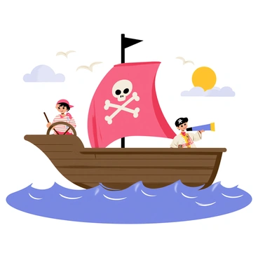 Children dressed as pirates are onboard a small wooden ship. The ship has a dark brown hull with a bright red sail featuring a skull and crossbones. One child is at the helm, steering the ship, while another is scanning the horizon with a toy telescope. The ocean is a vivid blue, with playful waves splashing against the sides of the ship. In the background, there are fluffy white clouds and a bright sun shining down on the scene. Seagulls can be seen flying overhead, adding to the adventurous atmosphere of the make-believe ocean.