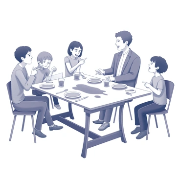 A dining table is set with plates and utensils. A family is gathered around the table, consisting of two adults and two children. The adults are sitting on one side, while the children are on the opposite side. Everyone is pointing at each other with expressions of surprise or laughter. A glass of juice has spilled across the table, creating a mess. The juice is pooling on the tablecloth, and some of it has dripped onto the floor. The scene captures a moment of playful chaos during dinner.