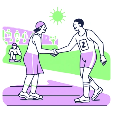 Jesse Owens is standing on a racetrack, shaking hands with a competitor. He is wearing a lightweight athletic uniform with a number pinned to the front. The competitor, also in athletic attire, smiles as he extends his hand. In the background, there are spectators in the stands, watching the interaction. The sun is shining brightly above, casting clear shadows on the track. Both athletes appear to be in a moment of mutual respect after a competitive race.