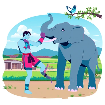 A muay thai fighter wearing traditional shorts and hand wraps is playfully practicing his kicks near a large elephant. The fighter has a focused expression, and the elephant is playfully lifting its trunk, responding to the fighter's movements. The background showcases a rural setting with lush green fields, simple wooden structures, and distant mountains under a clear blue sky. Sunlight casts warm tones on the scene, enhancing the vibrant colors of the fighter's attire and the elephant's gray skin. A few curious birds are perched on a nearby tree, adding life to the background.