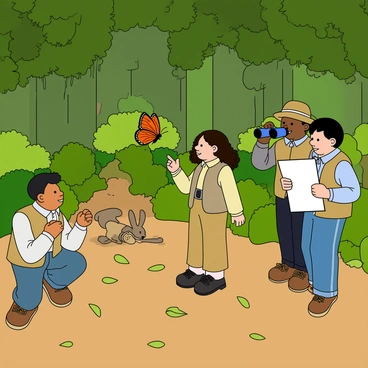 A stage set designed to resemble a dense forest filled with various shades of green trees and bushes. The ground is covered in brown soil and scattered leaves. A group of four children, two boys and two girls, are dressed in adventurous explorer attire, including vests and hats. One boy with dark hair is crouched down, peering closely at a brightly colored butterfly fluttering nearby. A girl with curly hair is pointing excitedly at a small rabbit hiding behind a bush. The second boy is standing with binoculars in hand, scanning the surroundings, while the second girl is sketching the scene in a notebook. The atmosphere is lively, filled with a sense of discovery and excitement.