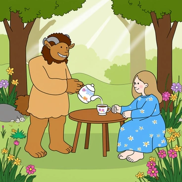 A friendly faun with curly brown hair and goat-like legs stands beside a small wooden table in a lush, green woodland. He is wearing a simple, earthy tunic and has a warm smile on his face. The faun is pouring tea from a delicate, floral-patterned teapot into a matching cup. A young girl with light brown hair is seated at the table, wearing a bright blue dress with floral patterns. She is reaching out with both hands for the teacup, her expression filled with curiosity and joy. Surrounding them are vibrant wildflowers in various colors and tall trees with sunlight streaming through the leaves, creating a magical atmosphere. Small, whimsical creatures peek from behind the bushes, adding to the enchanting scene.