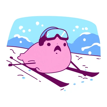 A pink blobfish is wearing a small blue ski helmet while skiing down a snowy seabed. The fish has a wide, surprised expression as it glides over the shimmering white snow. Tiny white snowflakes are gently falling around it, adding to the wintery scene. In the background, there are soft, undulating blue ocean waves creating a serene atmosphere beneath the water. The blobfish leaves a faint trail in the snow as it maneuvers with its tiny ski poles.