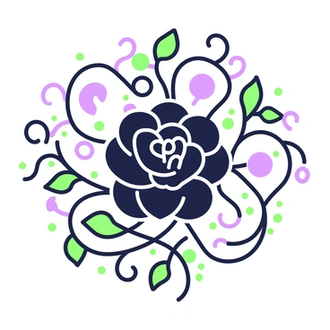 A tattoo design featuring a large black flower at the center, surrounded by intricate swirling vines. The flower consists of several layers of petals, each with detailed lines and shading. The swirling vines intertwine around the flower, creating a dynamic flow that enhances the overall design. The vines have small leaves branching off, adding complexity to the pattern. The composition is balanced, with the flower as the focal point and the vines elegantly framing it.