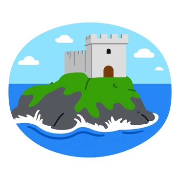 A dramatic fortress with tall stone walls and narrow towers is perched on the edge of a rugged cliff. The fortress features a series of arched windows and a large wooden door at the entrance. In the background, the ocean waves crash violently against the rocks below, sending up splashes of white foam. The sky above is filled with scattered dark clouds, hinting at an approaching storm. Lush green vegetation clings to the cliffside, adding contrast to the hard stone of the fortress.