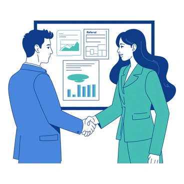Two individuals in business attire are shaking hands in the foreground. The person on the left is wearing a sleek blue suit and has short dark hair, while the person on the right is dressed in a tailored teal dress suit with long, wavy hair. In the background, there are several printed referral documents pinned to a whiteboard, with various graphs and charts visible. The handshake conveys a sense of partnership and agreement between the two business people.