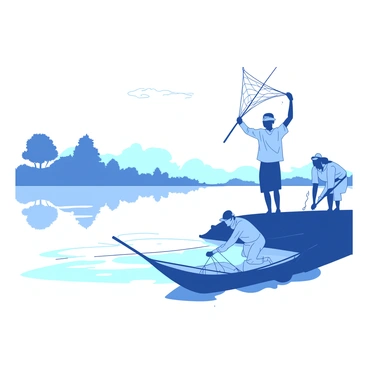 Two fishermen are standing on the edge of a calm river at dawn. They are casting their nets into the water, which has a smooth surface reflecting the soft light of the early morning. Mist is gently rising off the river, creating an ethereal atmosphere. The fishermen are wearing light-colored clothing, with one holding a net high above his head as he prepares to throw it. The other fisherman crouches slightly, watching the water intently. In the background, silhouettes of trees are faintly visible, shrouded in mist and bathed in the subtle light of dawn.