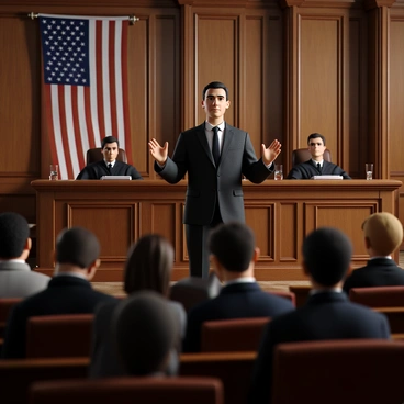 A dramatic courtroom scene featuring a lawyer with short, neat hair, wearing a tailored dark suit. The lawyer stands confidently at a wooden podium, gesturing emphatically as he presents a case. Behind him, a judge in a black robe sits on an elevated bench, looking intently at the proceedings. The jury is seated at the front, consisting of six individuals, both men and women, with various expressions of focus and contemplation. The courtroom is richly detailed with wooden paneling, tall windows, and a large American flag displayed prominently in the background. The atmosphere is tense, highlighting the seriousness of the legal proceedings.