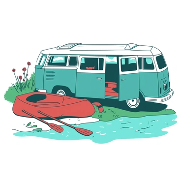 A teal VW van is parked beside a calm river, its doors wide open to reveal a cozy interior. The riverbank is adorned with lush green grass and a few wildflowers in bloom. Next to the van, a red canoe is resting on the shore, partially in the water. The canoe's bright color contrasts with the surrounding natural elements, and a pair of paddles are laid across it. In the background, the gentle flow of the river creates small ripples, reflecting the sunlight.