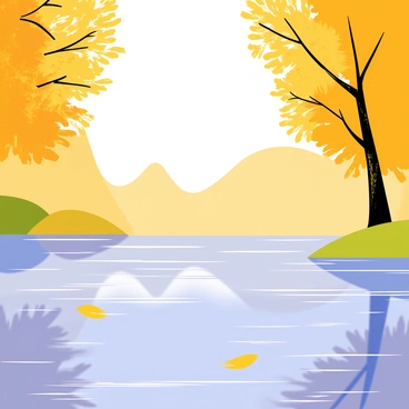 A serene lake with crystal-clear water reflects golden fall foliage from nearby trees. The trees are adorned with vibrant shades of yellow and orange leaves that create a striking contrast against the blue sky. Soft ripples in the lake distort the reflection, adding a dynamic element to the scene. The sun filters through the branches, casting dappled light on the water's surface. A few scattered leaves float gently on the lake, enhancing the autumn atmosphere.