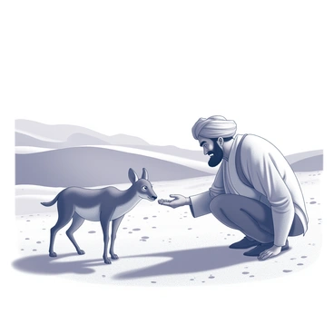 A robust figure resembling "Gabbar Singh" stands in a vast desert landscape. He is crouched down on one knee, gently extending his hand toward a wild animal, which appears curious but cautious. The animal, with big eyes and a sleek coat, is sniffing the outstretched hand. The surrounding desert is characterized by undulating sand dunes and sparse vegetation. The sun casts long shadows, creating a contrast between light and dark areas in the scene. The expression on "Gabbar Singh's" face reflects a sense of calmness and compassion as he interacts with the animal.