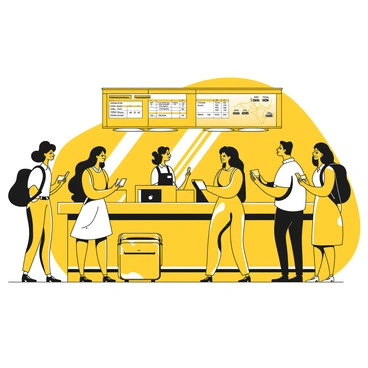 A group of travelers standing in line at a sleek, modern ticket counter for an express train. The counter has a clean design and is equipped with digital screens displaying train schedules. One traveler is leaning forward, holding a smartphone displaying a ticket. Another traveler is pulling out a credit card from their wallet. A third traveler is checking a large map of the train routes. A staff member behind the counter is assisting the travelers, wearing a uniform and offering a friendly smile. Bright overhead lights illuminate the area, and glass panels separate the ticket counter from the waiting area.