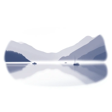 A tranquil morning scene at Lake Como. The surface of the lake is smooth, reflecting the natural landscape. A layer of mist is gently rising above the water, creating a soft, ethereal atmosphere. In the distance, there are silhouettes of boats bobbing lightly on the water. The outlines of the mountains frame the lake, adding depth to the scene. The overall composition captures the stillness of the moment.